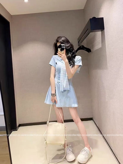 #2105 Preppy Polo Dress 3-Piece Set with Brooch（3 Colors）