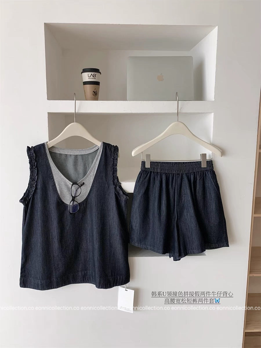 #2107 Colorblock Layered-Look Tank & Denim Shorts Set