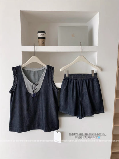 #2107 Colorblock Layered-Look Tank & Denim Shorts Set