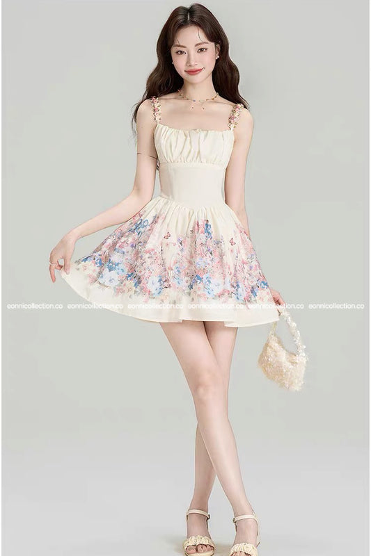 #2043 Floral A Line Dress 3D Flower Appliques & French Bardot Straps - Blue