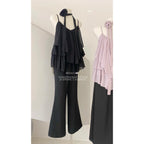 #1049 Flowy Chiffon Camisole With Cascading Ruffle Trim w/ Scarf - Black