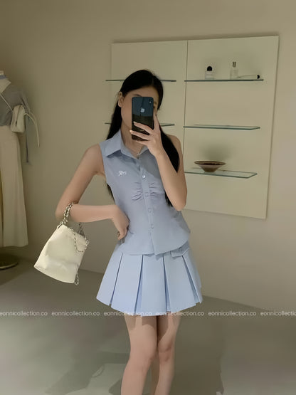 #2053 Petite Broderie Sleeveless Blouse & Plisse Skirt Set