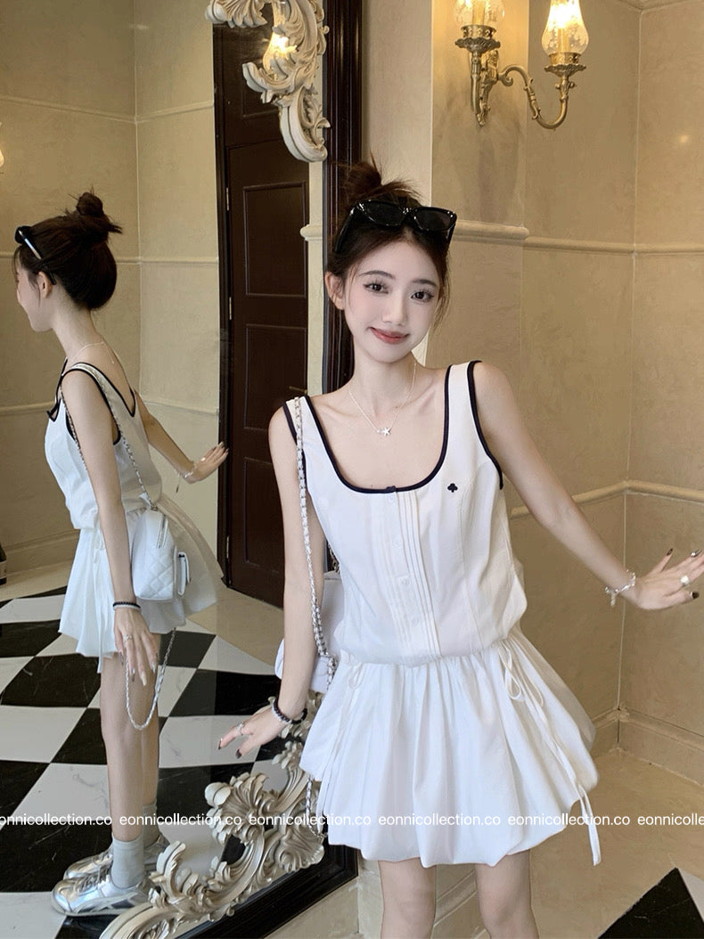 #2034 Sporty Waist Defining Peplum Puff Hem Dress（2 Colors）