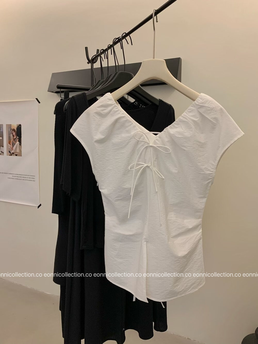 #1079 Crinkled V Neck Blouse Hand Pleated Neckline - White