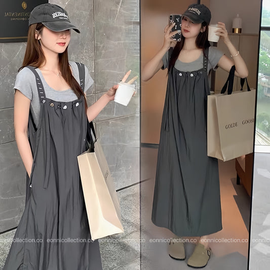 #2090 Harajuku Chic Straps Pinafore + Cropped Cotton Tee Set