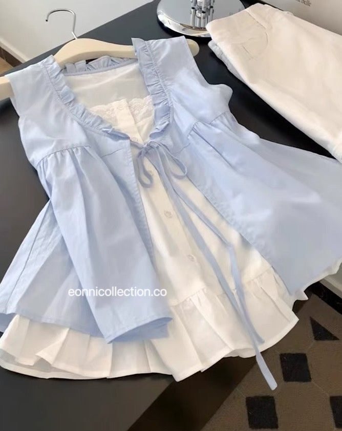#1054 Korean Style Mock Two Piece Ruffled Sleeveless Blouse - Blue