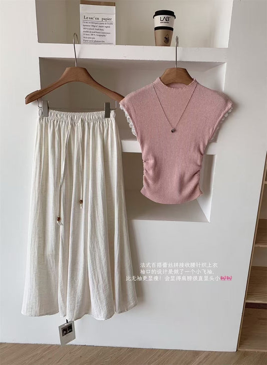#1098 Crochet Top with Lace Inserted Cuffs（3 Colors）
