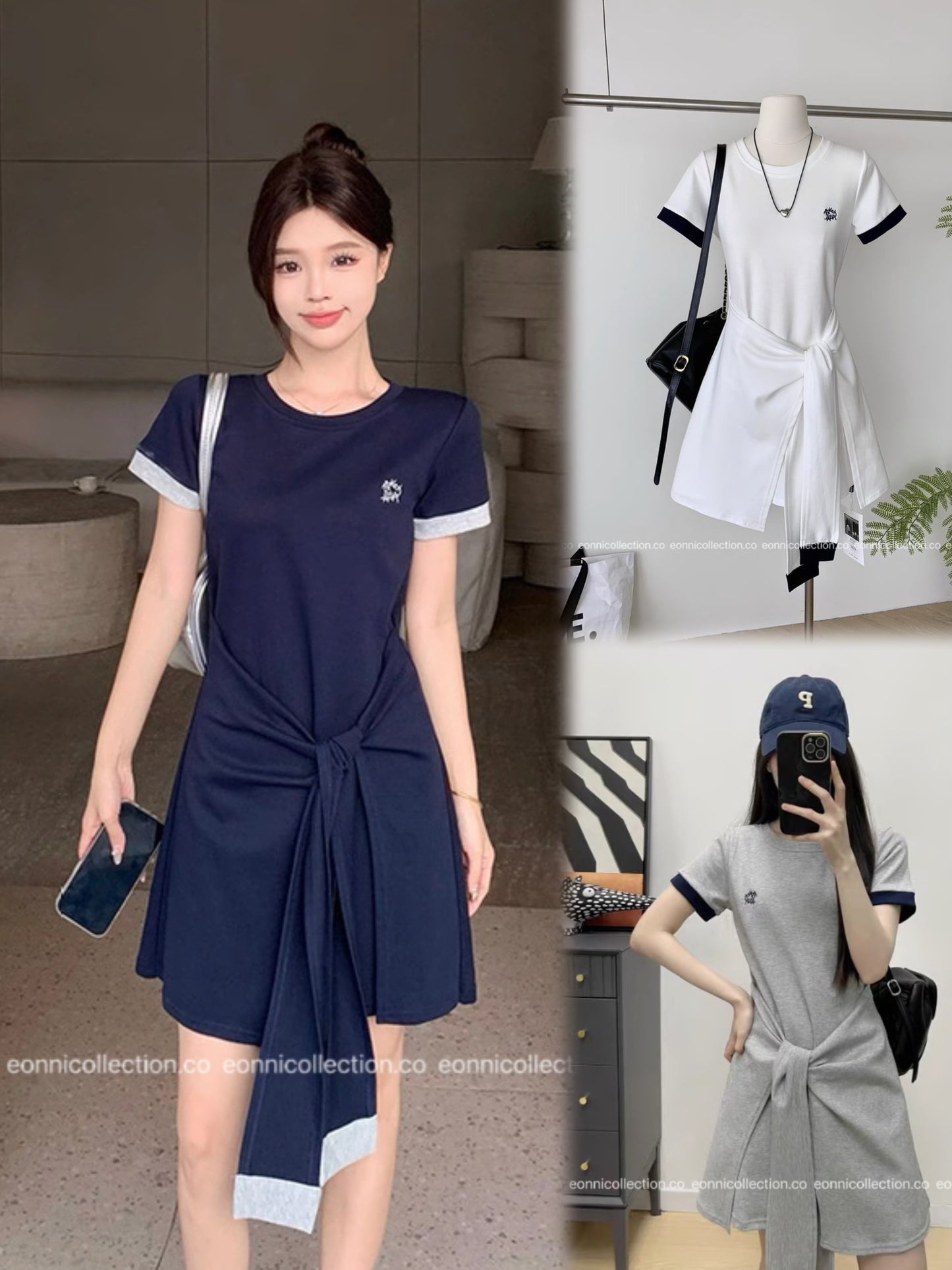#2086 Preppy Cotton Tee Dress with Subtle Embroidery（3 Colors）