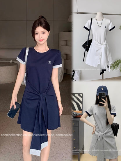 #2086 Preppy Cotton Tee Dress with Subtle Embroidery（3 Colors）