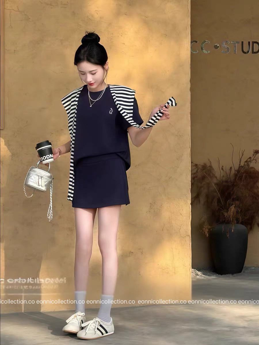 #2061 Korean Style Casual T Shirt + Cover Up High Waist Mini Skirt Three Piece Set（3 Colors）