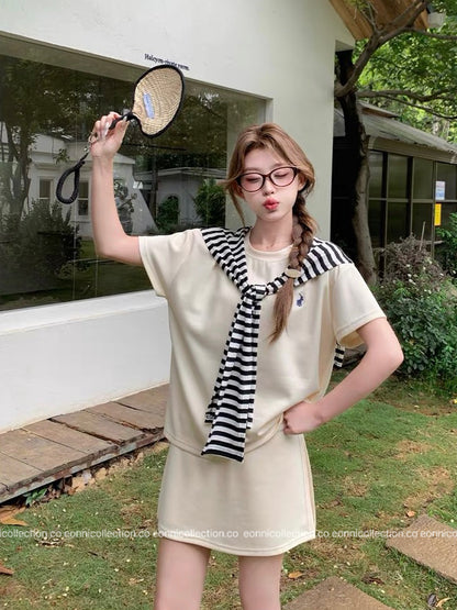 #2061 Korean Style Casual T Shirt + Cover Up High Waist Mini Skirt Three Piece Set（3 Colors）
