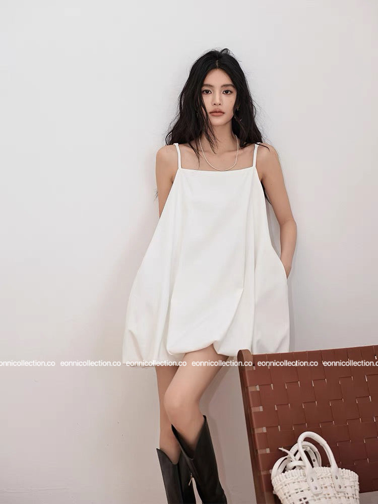 #2024 Delicate Spaghetti Straps Airy Cloud Like Ballon Dress - White