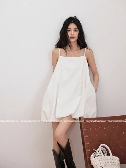 #2024 Delicate Spaghetti Straps Airy Cloud Like Ballon Dress - White
