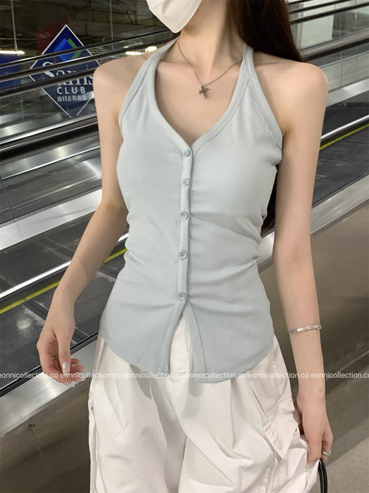 #1084 Padded Sassy Halter Top - Grey