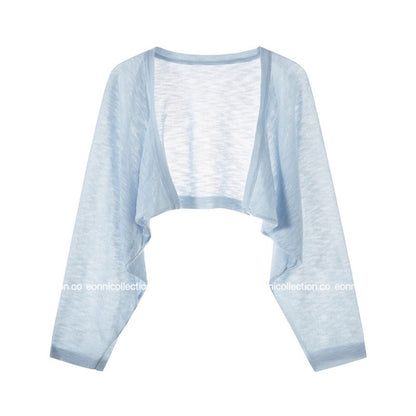 #1071 Linen Blend Cooling Knit Sun Protective Cropped Bolero Cardigan - Blue