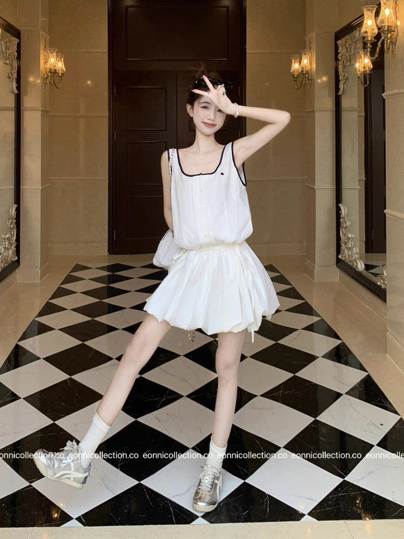 #2034 Sporty Waist Defining Peplum Puff Hem Dress（2 Colors）