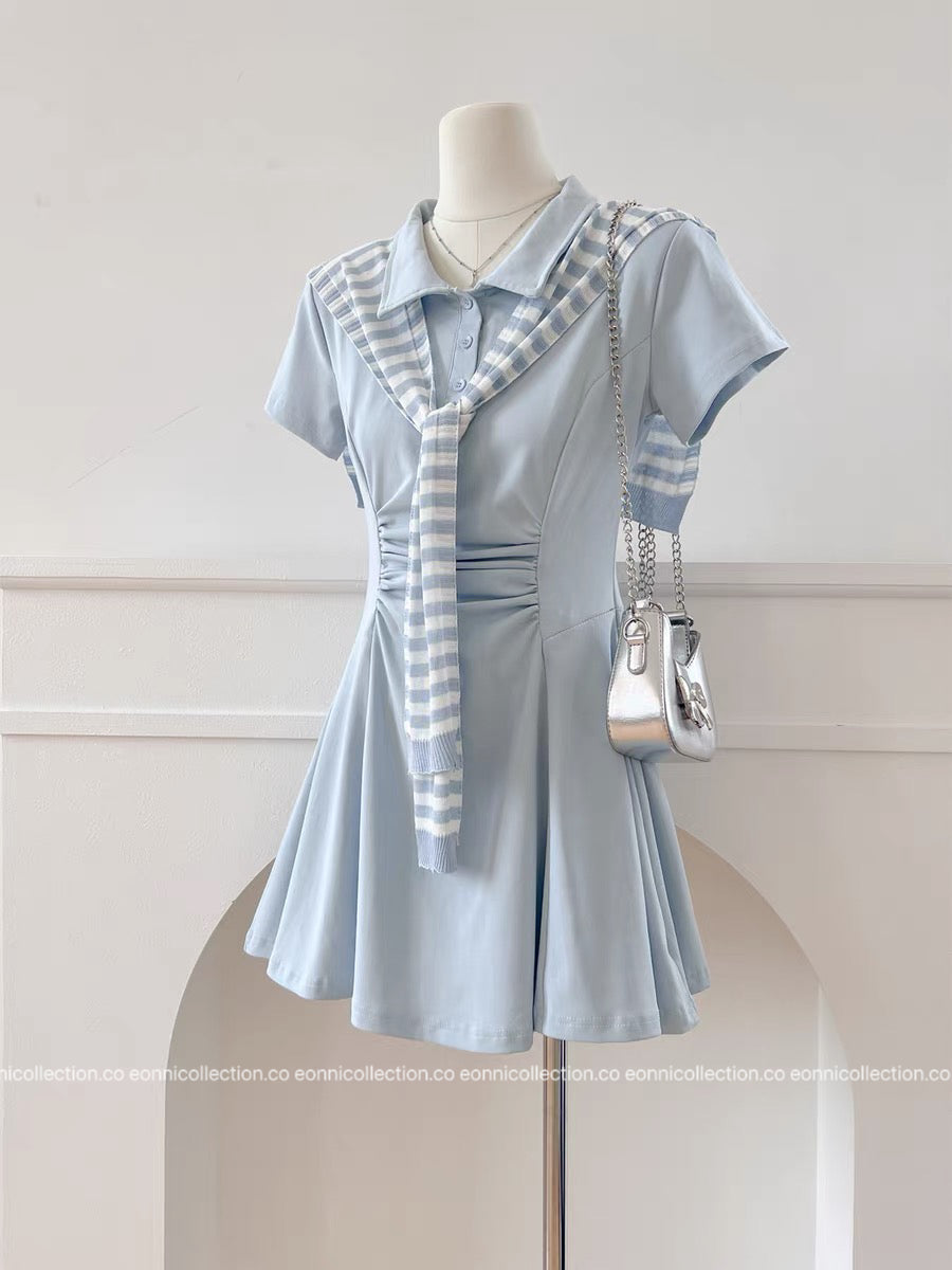 #2105 Preppy Polo Dress 3-Piece Set with Brooch（3 Colors）