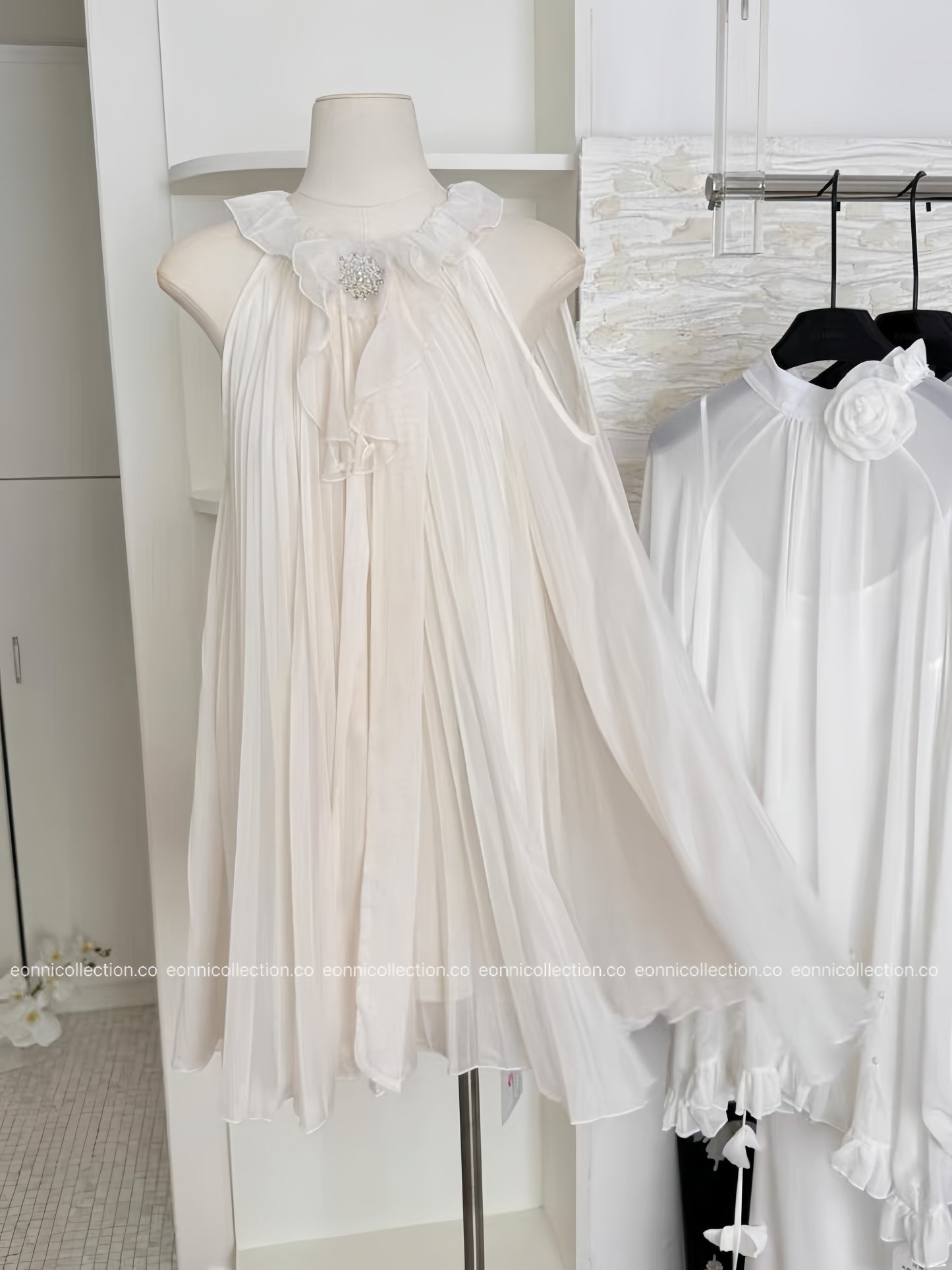 #2038 Draped Chiffon Gown Artistic 3D Floral Applique & Asymmetric Pleated Hem