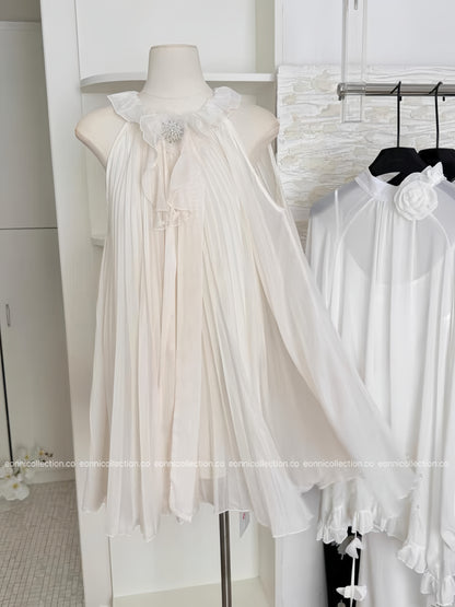 #2038 Draped Chiffon Gown Artistic 3D Floral Applique & Asymmetric Pleated Hem