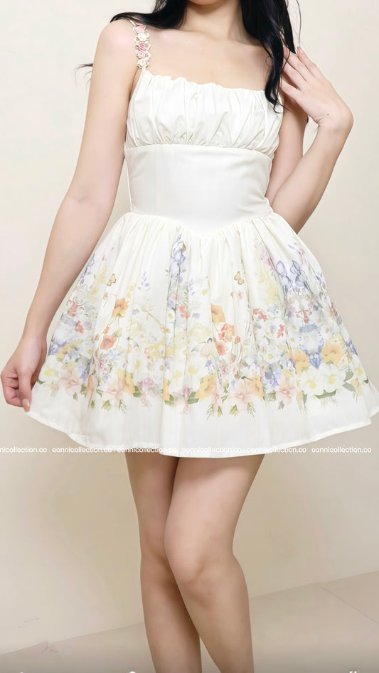 #2043 Floral A Line Dress 3D Flower Appliques & French Bardot Straps