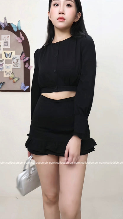 #2070 Parisian Crop Top & Flounced Pencil Skirt Ensemble - Black