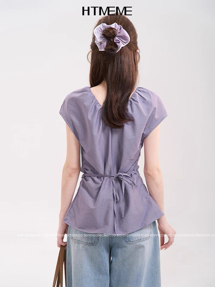 #1079 Crinkled V Neck Blouse Hand Pleated Neckline（4 Colors）