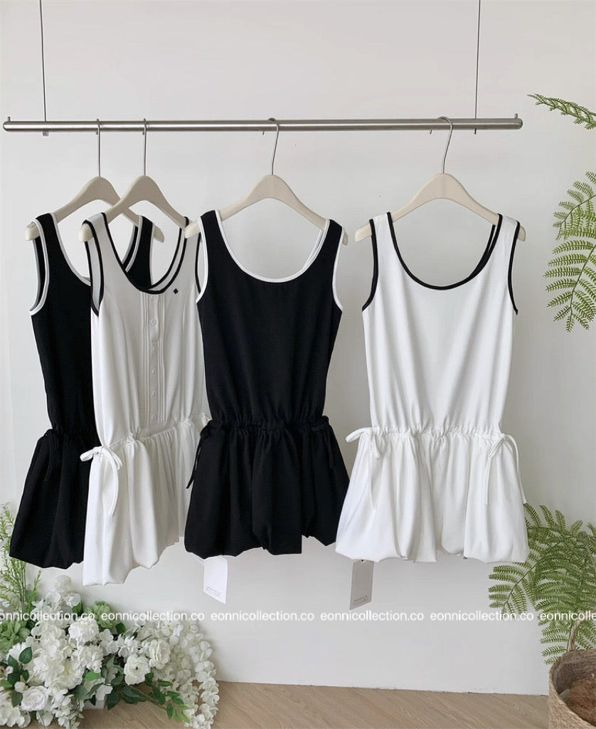 #2034 Sporty Waist Defining Peplum Puff Hem Dress（2 Colors）