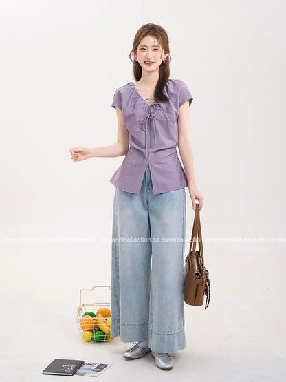 #1079 Crinkled V Neck Blouse Hand Pleated Neckline（4 Colors）