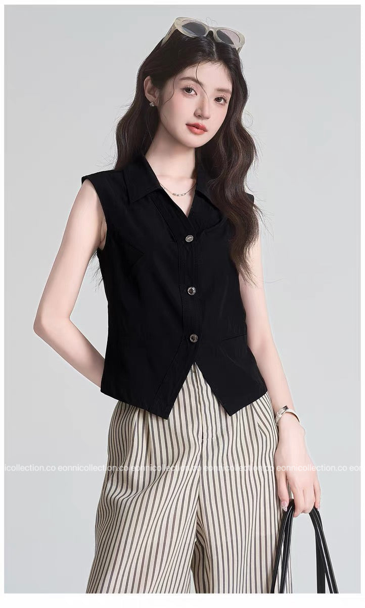 #1093 French Minimal Vest Style Blouse（2 Colors）