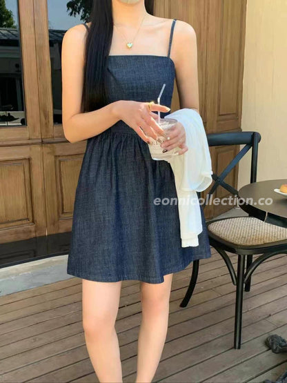 #2007 Soft Denim Cami Dress + Sheer Knit Cardigan | 2-Piece Korean Style Set（2 Colors)