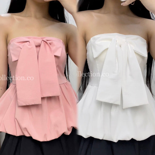 #1011 Puff Hem Bow Tube Top（3 Colors)