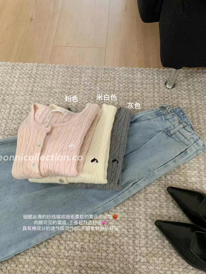 #1009 Lightweight Cable Knit Cardigan with Embroidery -（3 Colors）
