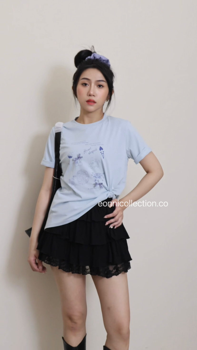 #1056 Ins Graphic Print Round Neck Oversized Tee + Hair Tie - Blue