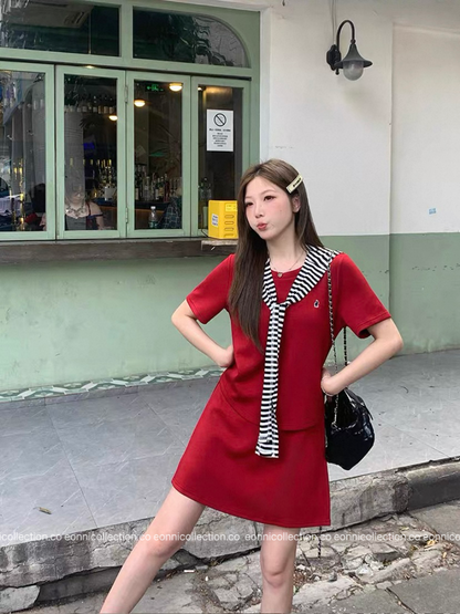 #2061 Korean Style Casual T Shirt + Cover Up High Waist Mini Skirt Three Piece Set（3 Colors）