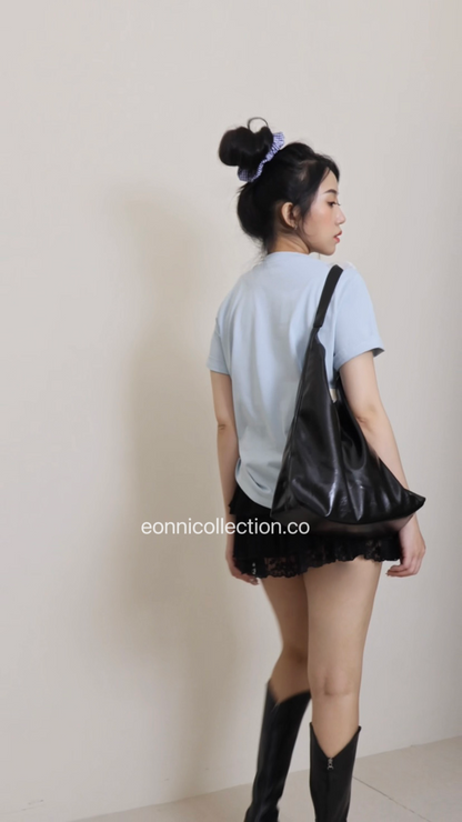 #1056 Ins Graphic Print Round Neck Oversized Tee + Hair Tie - Blue