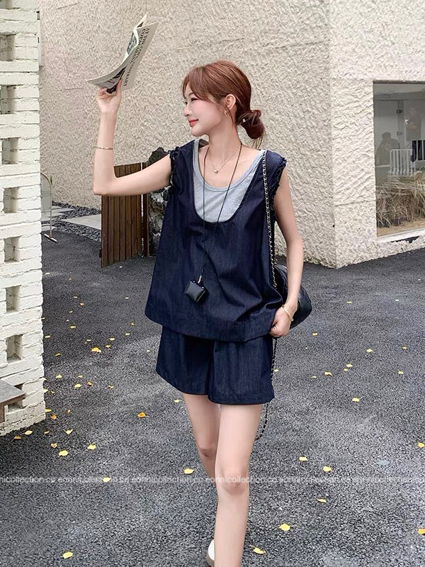 #2107 Colorblock Layered-Look Tank & Denim Shorts Set
