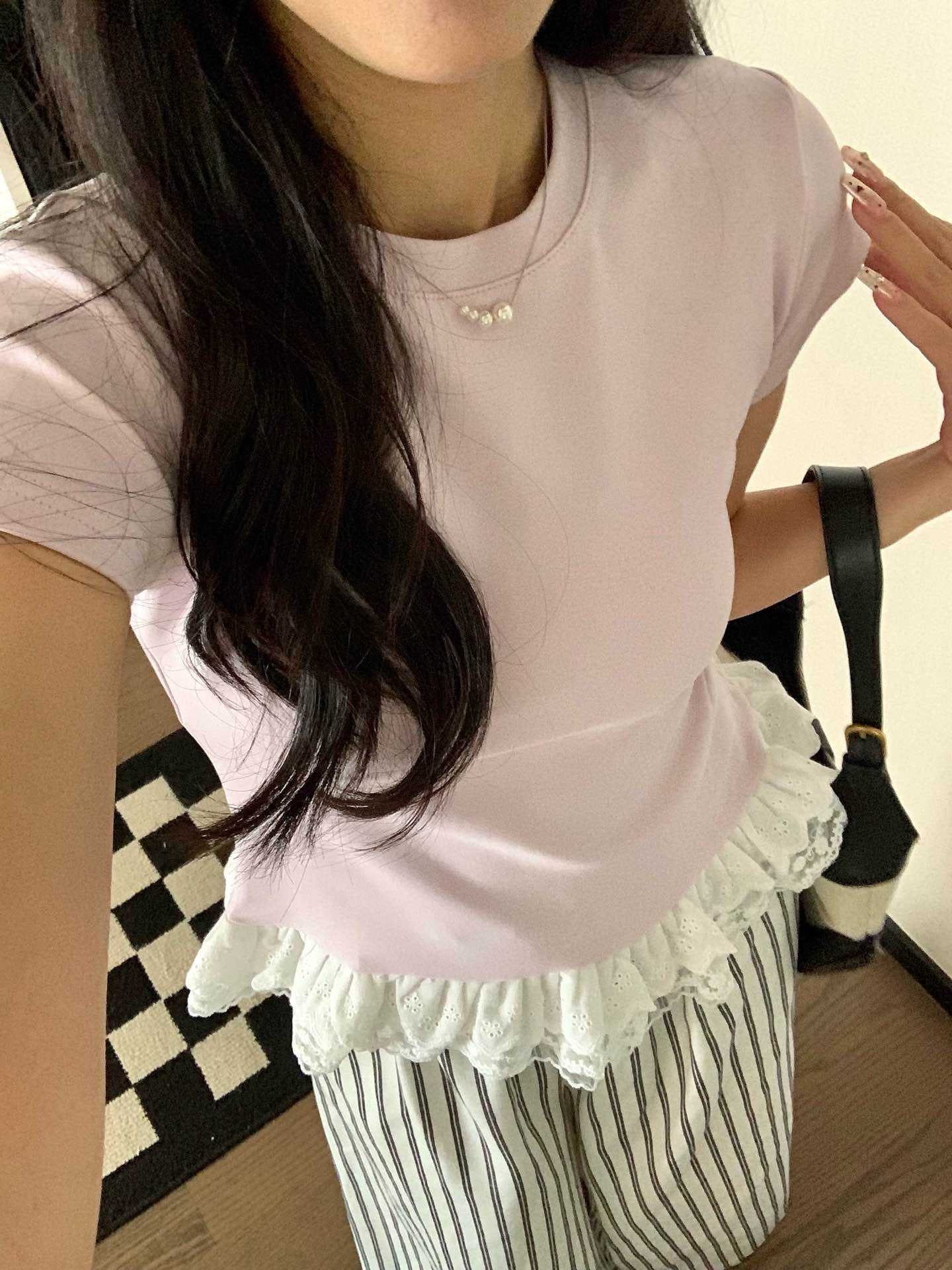 #1034 Lace-Paneled Cotton Tee - Purple