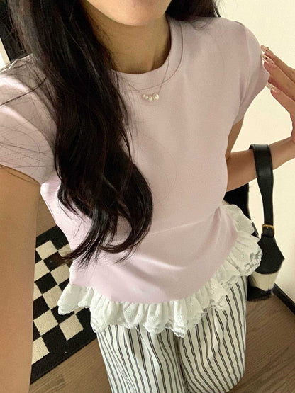 #1034 Lace-Paneled Cotton Tee - Purple