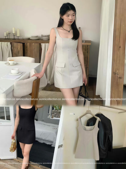 #2063 Korean Indie Minimalist Spaghetti Strap Suiting Dress（2 Colors）