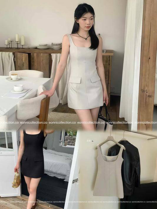 #2063 Korean Indie Minimalist Spaghetti Strap Suiting Dress（2 Colors）