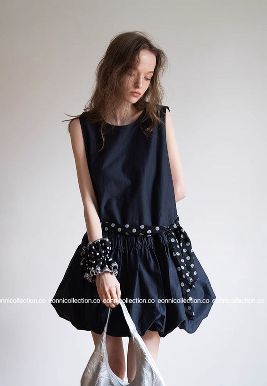 #2055 Casual Bloom Sundress & Matching Hair Tie Set - Dark Blue