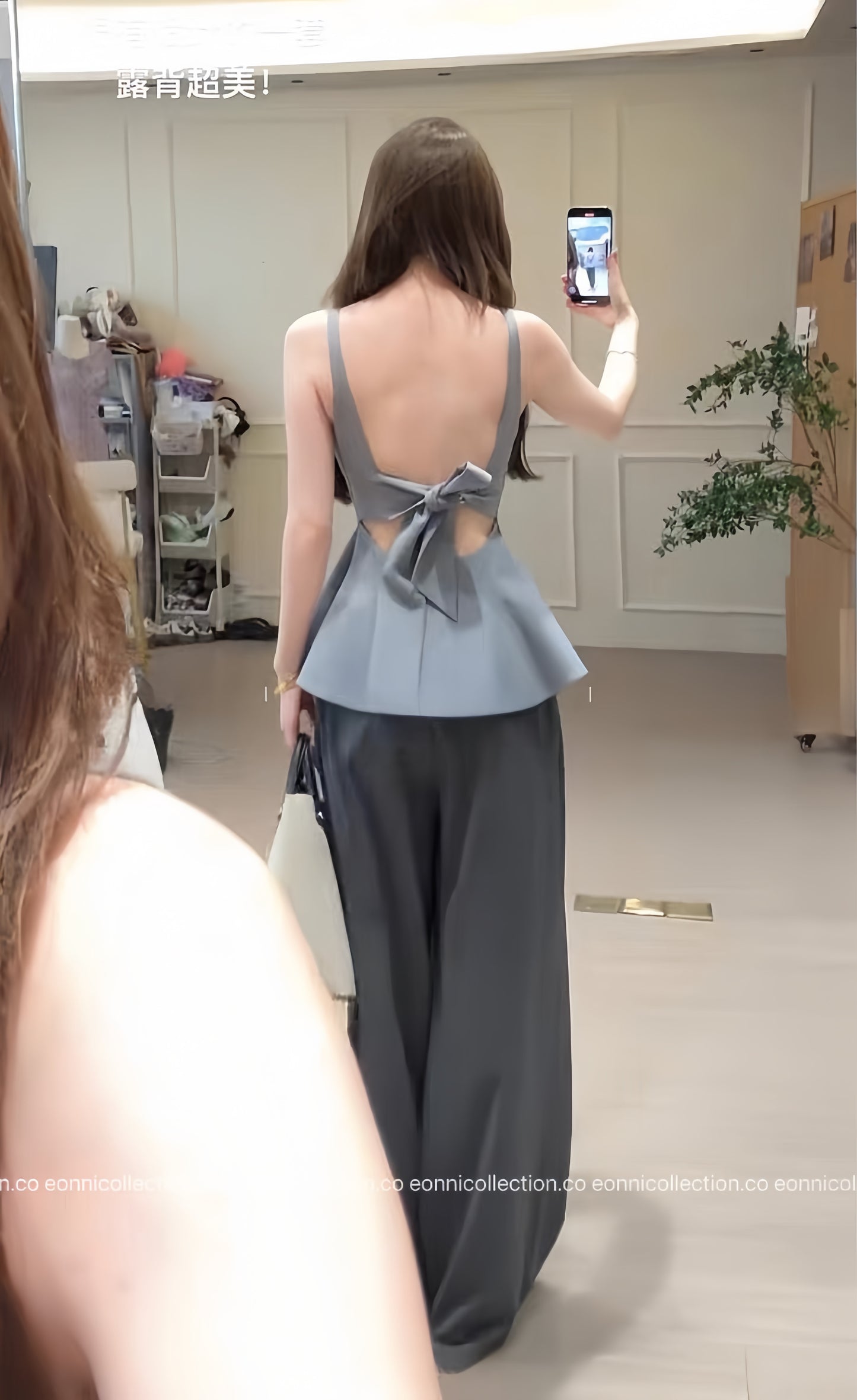 #1095 Elegant Backless Sleeveless Top – Bow & Peplum Design