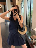 #2017 French Minimalist Linen-Blend Tank Set - Dark Blue