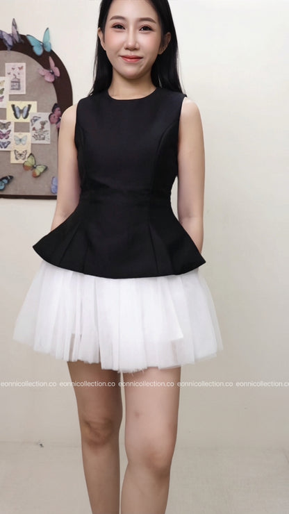 #2046 Glossy Ballet Inspired Dress Layered Tulle & Dramatic Puff Skirt -Black