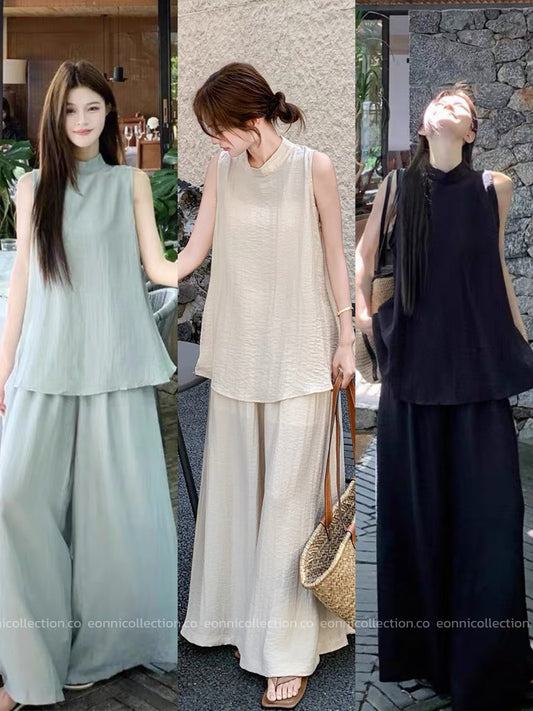 #2048 Wrinkled Linen Top & Slouchy Wide Leg Trousers Coordinated Set （3 Colors）
