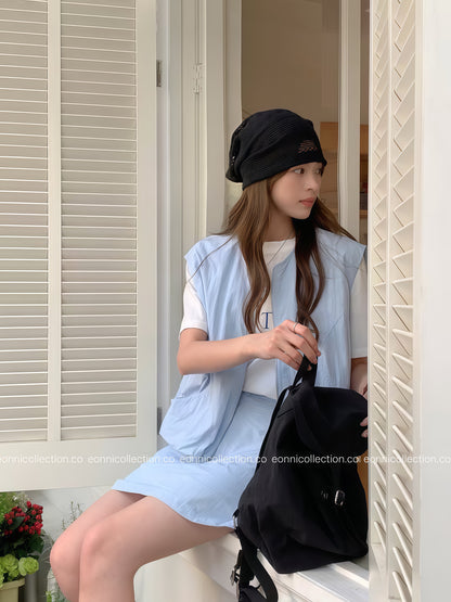 #2041 Korean Style Casual Vest + Cargo Skirt with Built in Safety Shorts - Light Blue