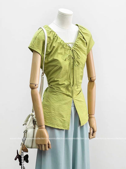 #1079 Crinkled V Neck Blouse Hand Pleated Neckline（4 Colors）