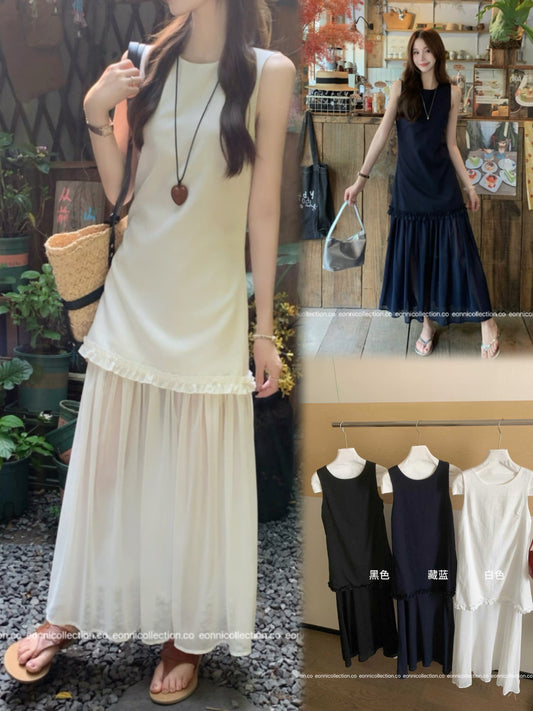 #2050 Vest Dress in Cotton Linen with Artisan Tiered Panels（3 Colors）