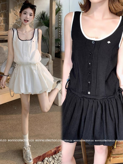 #2034 Sporty Waist Defining Peplum Puff Hem Dress（2 Colors）