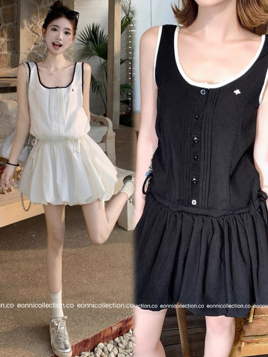 #2034 Sporty Waist Defining Peplum Puff Hem Dress（2 Colors）